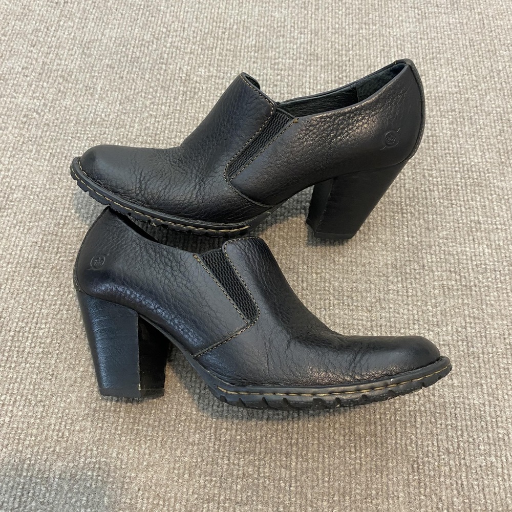 Born Bootie Shoes Womens Size 6.5 Black Leather Slip On Heel Comfort W31296